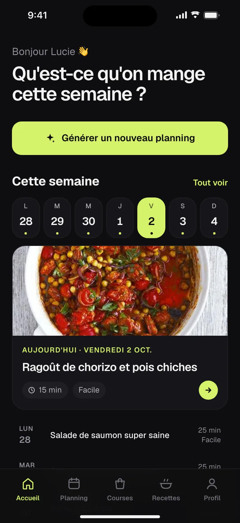 Écran d'accueil de Chefy