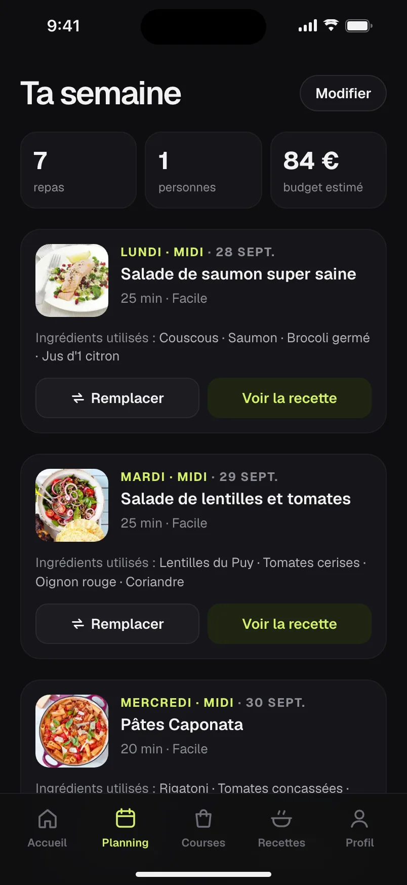 Écran « Ta semaine »