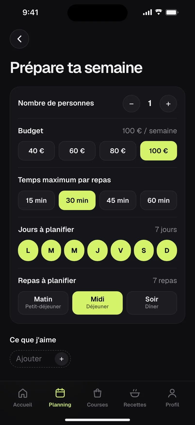 Écran « Prépare ta semaine »