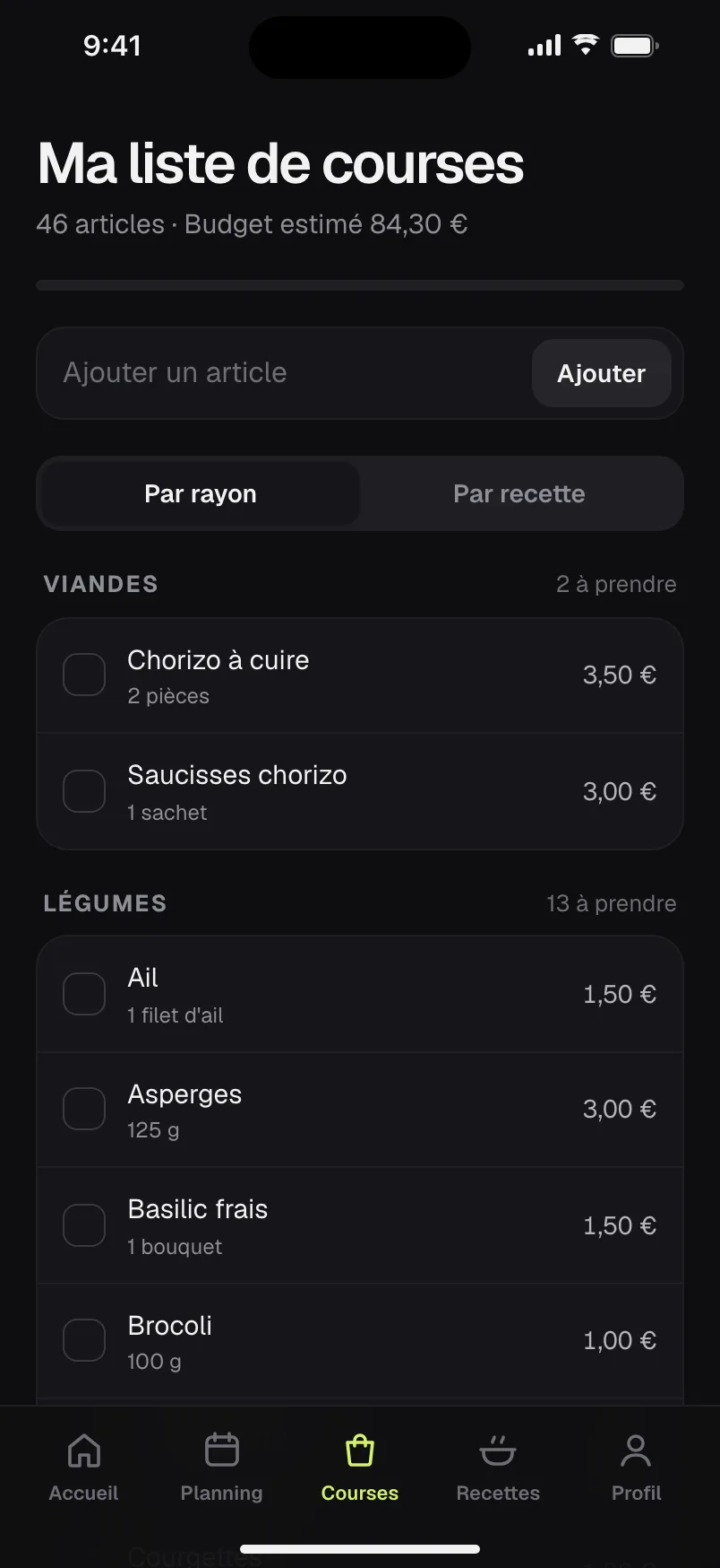 Écran « Ma liste de courses »